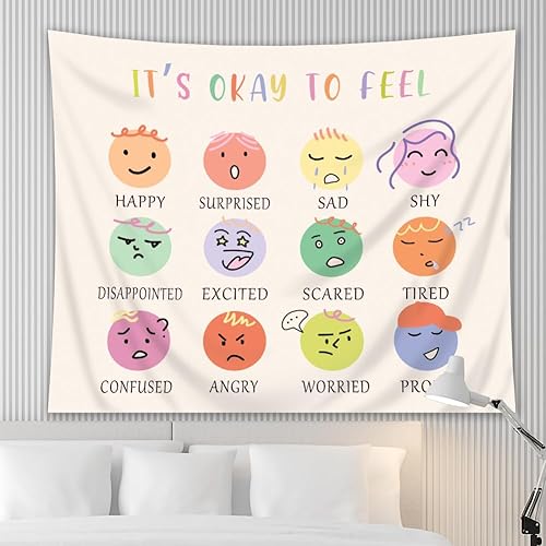 Miniatura 4 de Homewelle It is Okay to Feel Tapestry Kids Educativo Salud Mental Dibujos Animados Linda Expresión Colorida Emoción Arte de Pared 59 pulgadas de