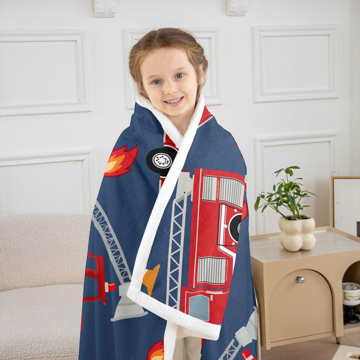 Feelyou Cartoon Car Sherpa Blanket - Fire Truck Fleece Throw for Bed, Sofa, Couch, Kids Room Decor - Firefighter Plush Firemen Car Vehicle Fire Engine Blue Red Fuzzy Twin 60"X80" image 3