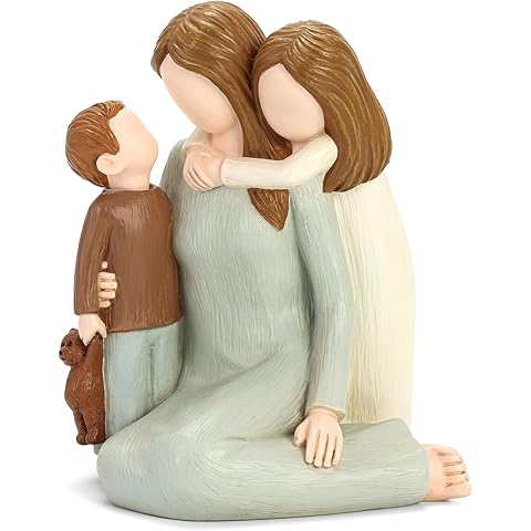 Mom and Kids Figurines, Sculpted Hand-Painted Mother and Two Children Statues, Moth...