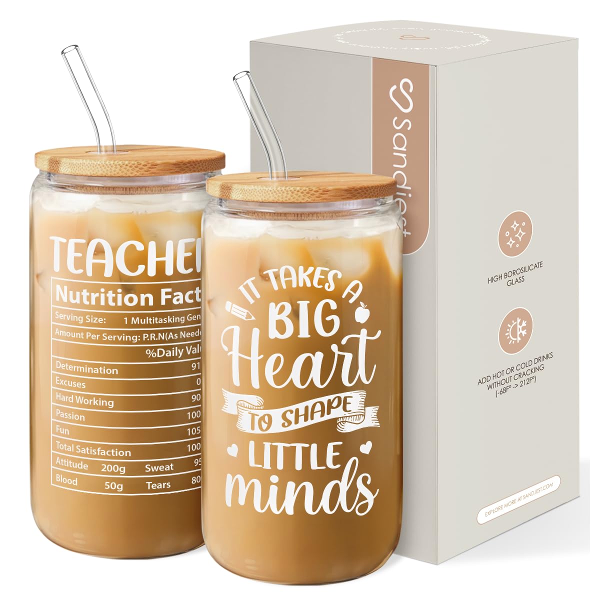 Teacher Gifts for Women - 16 Oz Can Glass Coffee Cup with Straws - Teacher Appreciation Gift for Women on Birthday Back To School