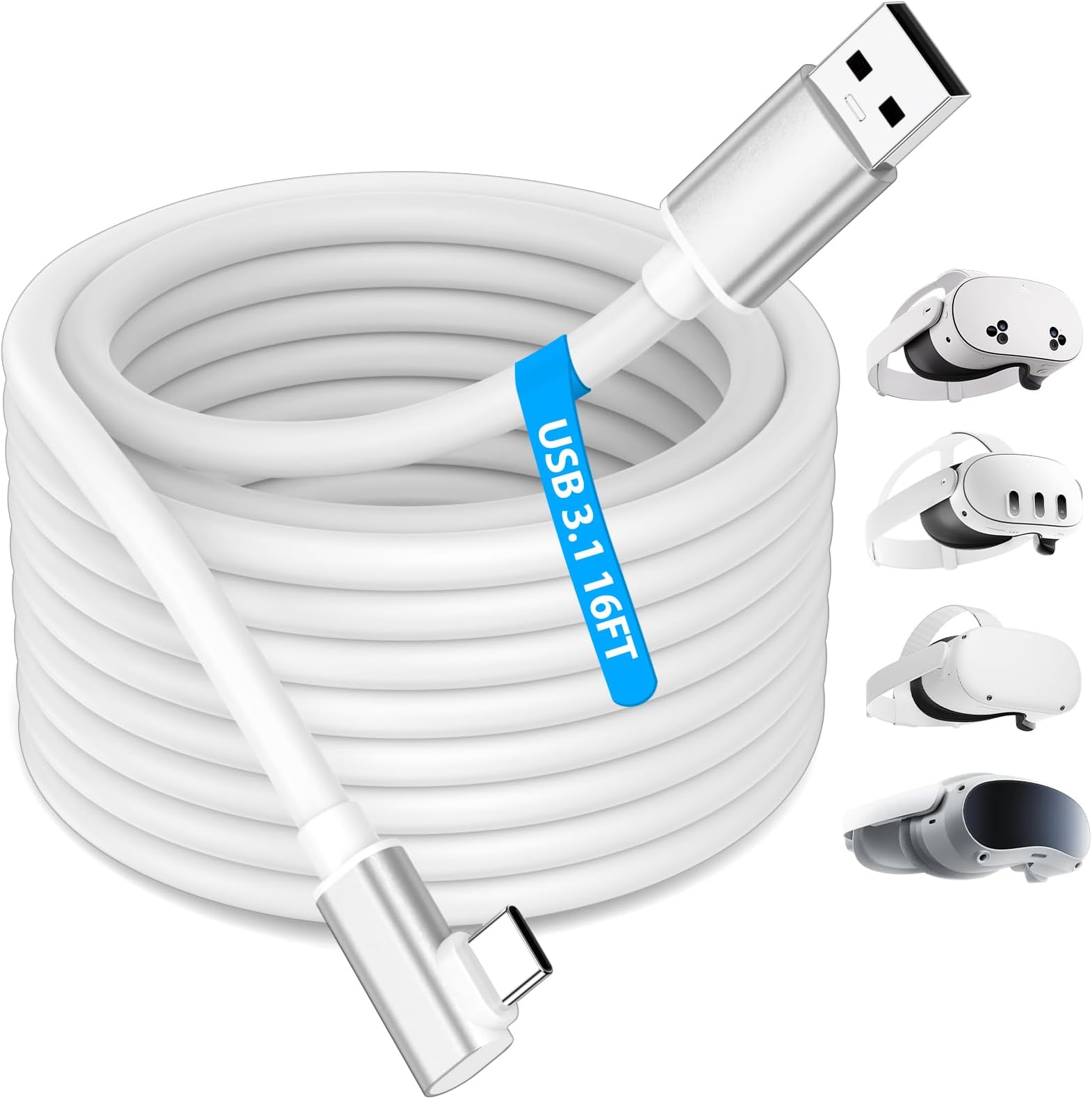 USB 3.1 to USB C Link Cable 16FT High Speed Data Transfer Long Extention Cord for Virtual Reality Headset to PCVR PC Steam Gaming for Oculus/ Quest 3/ Meta Quest 3S Quest 2/ Pro/ Pico 4/ Ultra White