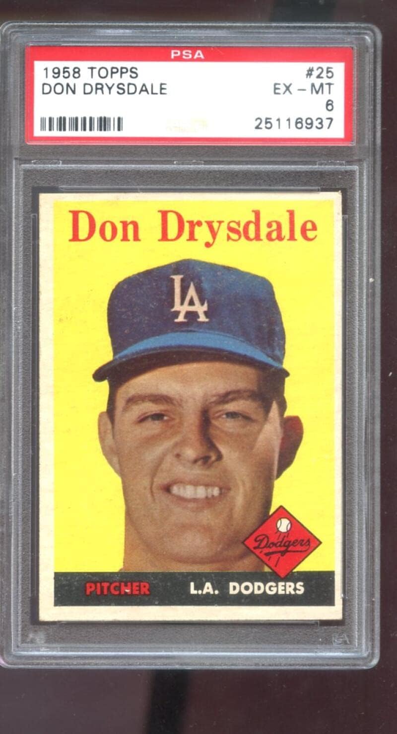 1958 Topps #25 Don Drysdale PSA 6 Graded Baseball Card MLB Los Angeles Dodgers