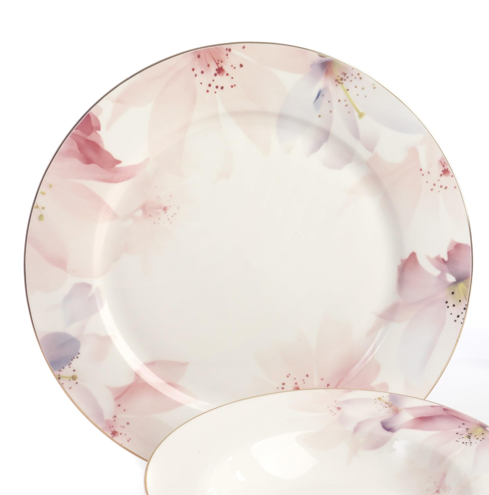 Set 18 Piatti Tema Fiori Pastello in Porcellana d'autore Nàvel 6 Fondi Ø 21,5 cm, 6 Piani Ø 19,5 cm e 6 Piani Ø 26,5 cm con Elegante Scatola Litografata