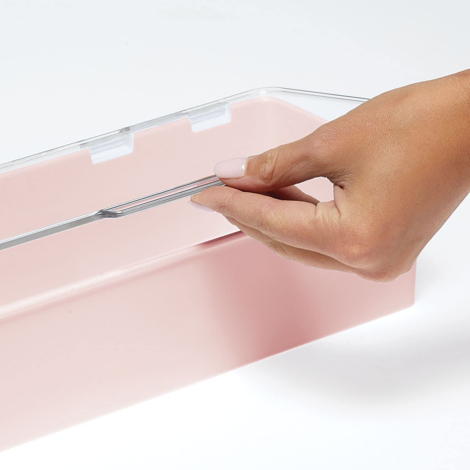mDesign Long Plastic Cosmetic Storage Organizer Boxes with Hinged Lids, 2 Pack, Light Pink/Clear