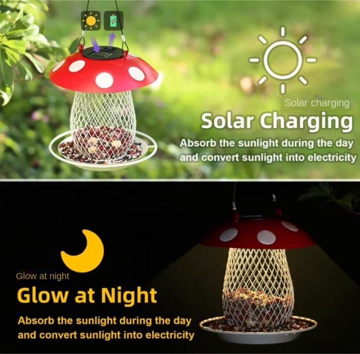 Karmnik dla Dzikich Ptaków Bird Feeder Zasilany Energią Słoneczną Karmnik Dla Ptaków W Kształcie Grzyba Wiszący Dekoracyjny Na Patio Ogrodzie Wróbli