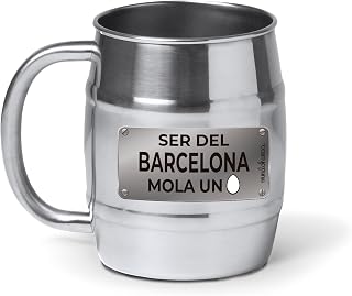 mundohuevo® Jarra de cerveza personalizada acero inoxidable 304 | Regalo original de equipos de futbol | Ser del Barcelona mola un huevo | Color plateado aspecto barril | Capacidad 500 ml.
