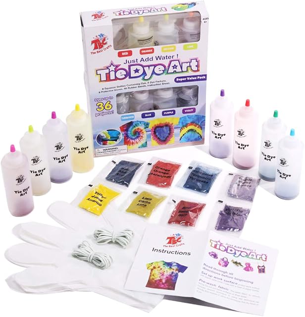 TBC The Best Crafts 8 Colours Tie Dye Kit. 65 Pieces Super Value Pack, With Bonus Tie Dye Powder Refiils Packs