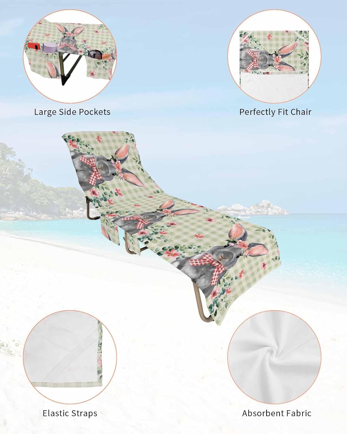 Easter Flowers Beach Pool Patio Lounge Chaise Chair Cover Towel With Pockets,Absorbent & Quick Dry Microfiber Towel Cover Bag Summer Accessories for Sunbathing Bunny Spring Eucalyptus Plant Plaid