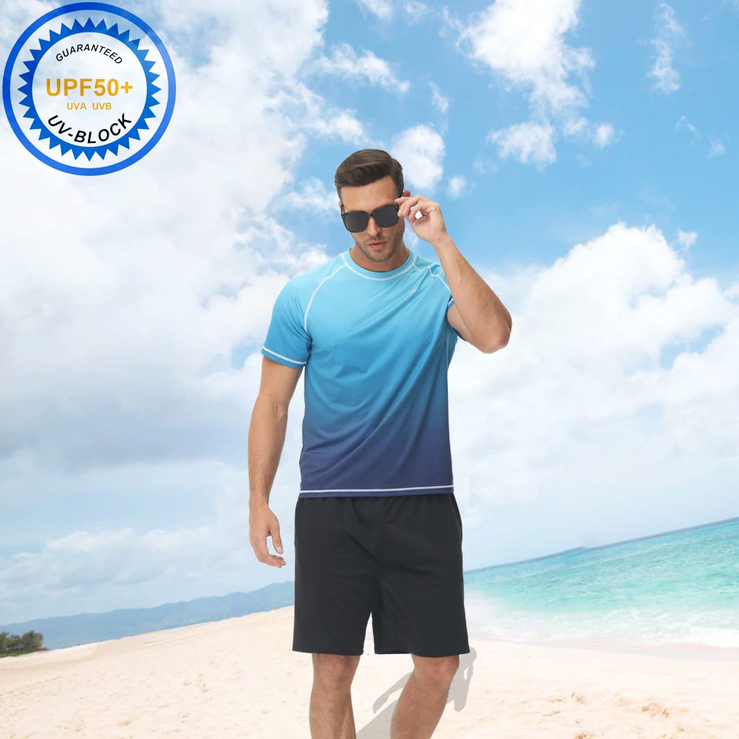 Satankud Camiseta de protección contra erupciones para Hombre, UPF 50+, Camiseta de natación de Manga Corta, para Playa, Traje de baño, Pesca, Senderismo, Entrenamiento, Camiseta (Azul Degradado, L)