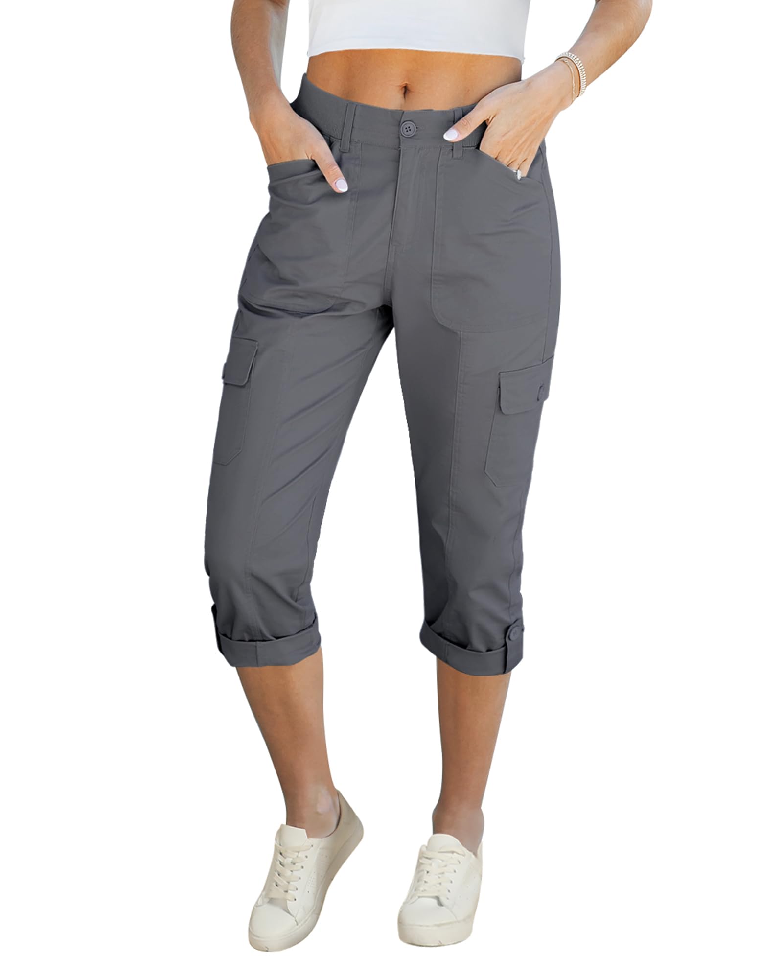 LookbookStore Capri Pants for Women High Waisted Cargo Casual Elastic Waist Rolled Hem Summer Capris Pants with Pockets