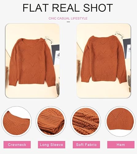 Dokotoo Fall Sweater for Women 2025 Fashion Ladies Cute Soft Thick Crewneck Crochet Tops Solid Hollow Out Crochet Chunky Winter Cozy Long Sleeve Pullover Trendy Clothes Dusty Orange Medium