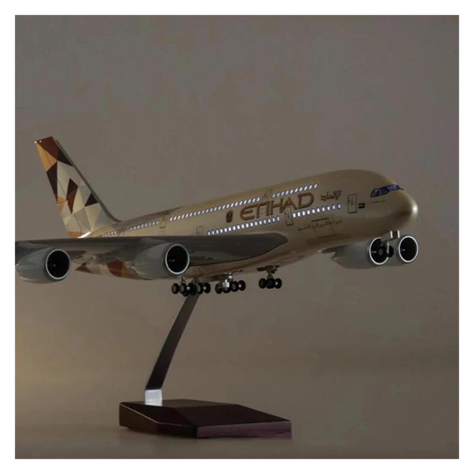 Juguete Resina 47 Cm para Airbus A380 Etihad Modelo Avión con Luces LED para Exhibición Escritorio Coleccionable(No Lamp)