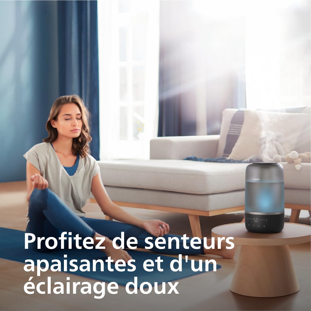 Philips Humidificateur d'air Série 1000 - jusqu’à 41 m², débit de 275 ml/h, taux d'humidité optimal, jusqu'à 32 heures d'autonomie, silencieux 34 dB(A), mode sommeil et veilleuse, Noir (HU1510/03)