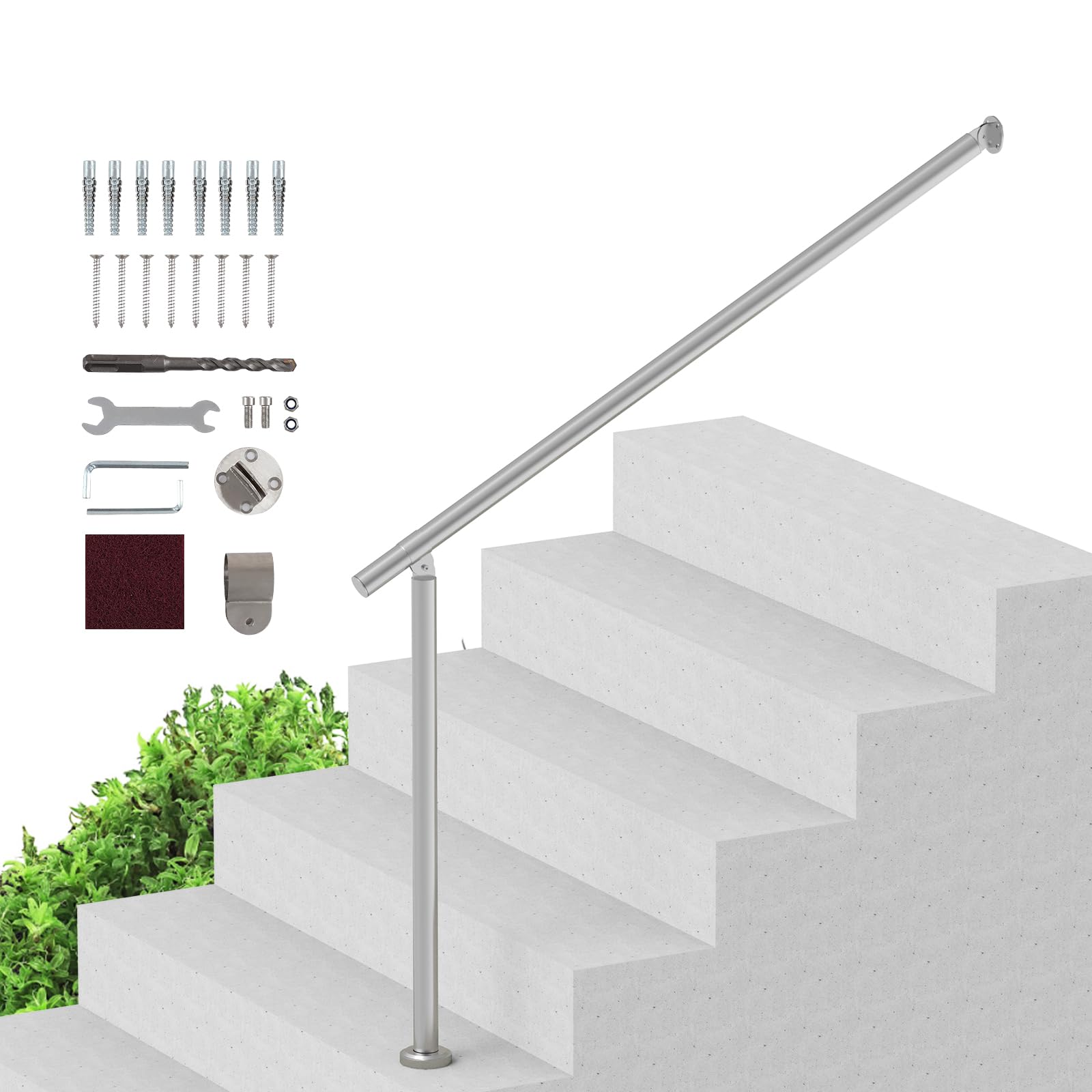 VEVOR Barandilla de Escalera 120 cm Pasamanos de Escalera para Escalones Exteriores de Acero Inoxidable Montaje en Pared y Suelo con Kit de Instalación para Personas Mayores, Porche, Terraza, Plata