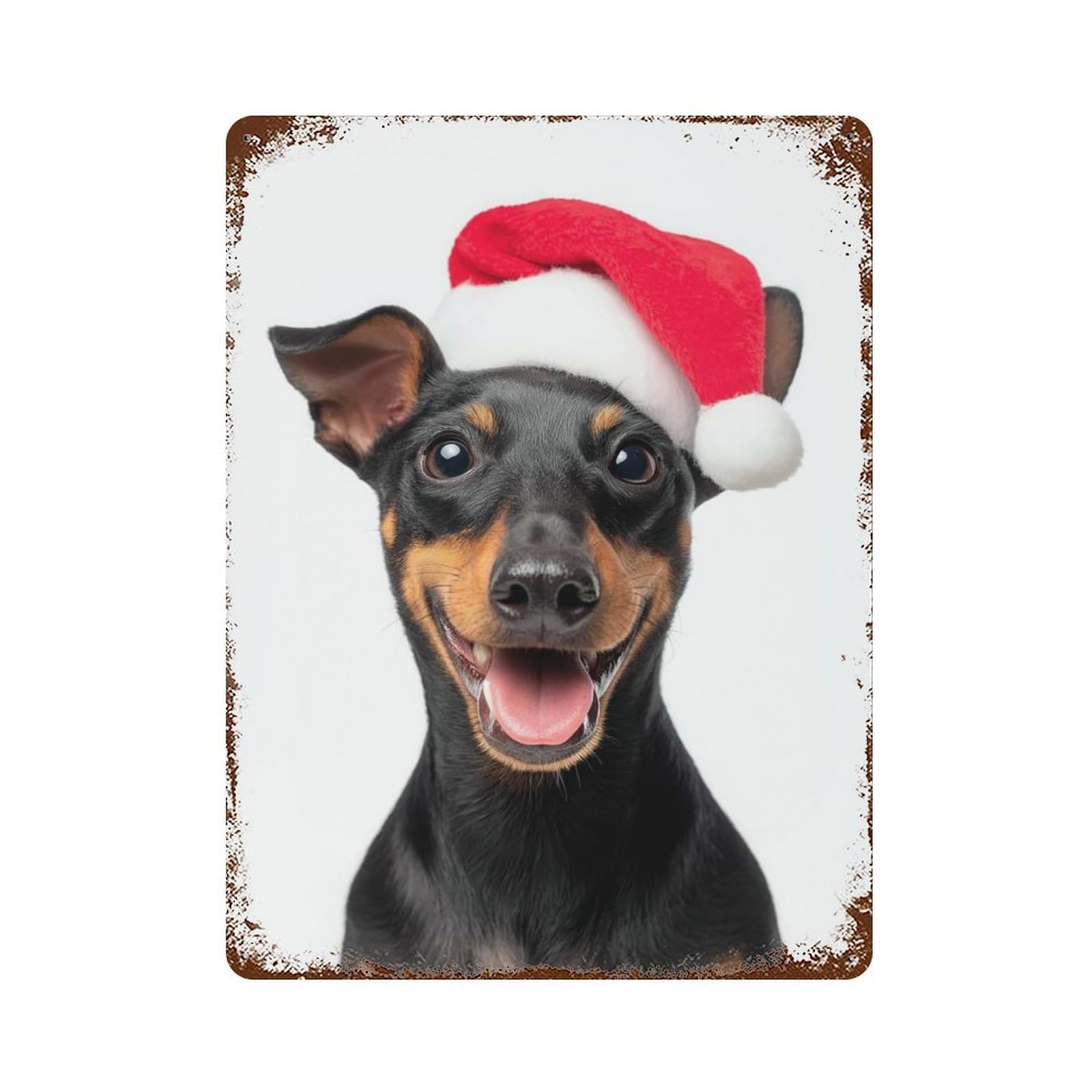 Smiling Miniature Pinscher Dog with Santa Hat Vintage Metal Tin Sign 15.7"x11.8", Ideal for Cafe, Home Bar And Lounge Decor