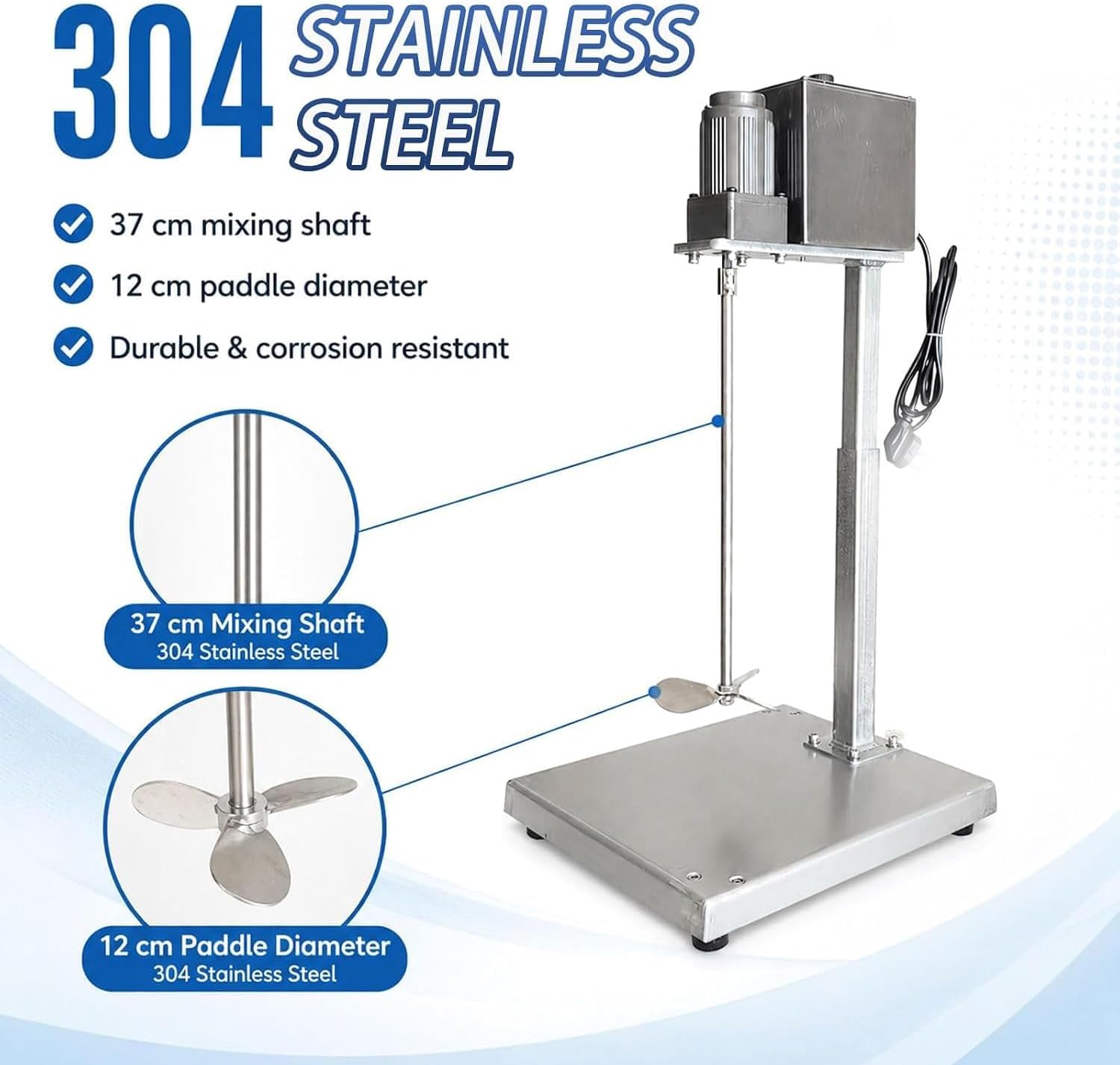 Miscelatore Elettrico per Vernici Regolabile con Albero in Acciaio Inox 304, Altezza 30-48 cm, Base Stabile per Uso in Officina e Laboratorio.