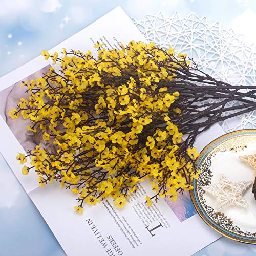 Hukidoy Babys Breath Fabric Cloth Artificial Flowers 6 Bundle European Fake Silk Plants Decor Wedding Party Decoration Bouquets Real Touch Diy Home Garden (No Vase,Yellow) #TOP2