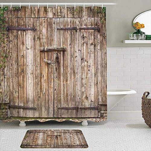 Juego de cortinas y tapetes de ducha de tela,Old Oak Steel con bisagras Cerrado Garaje Vintage Típico Cottage Puerta I,cortinas de baño repelentes al agua con 12 ganchos, alfombras antideslizantes