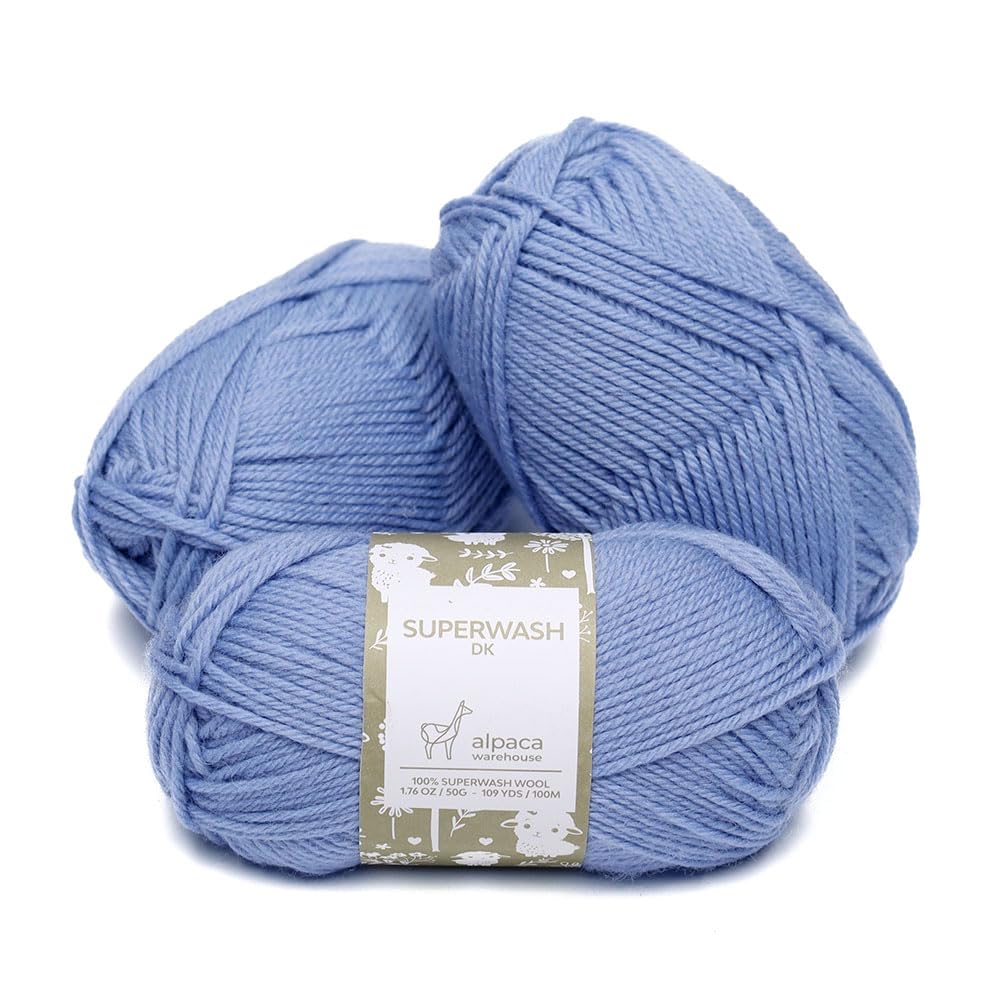 Superwash - Juego de 3 madejas de lana 100% pura (150 gramos) de peso DK, procedente directamente de Perú, celestialmente suave y perfecto para tejer y hacer ganchillo (azul placido)