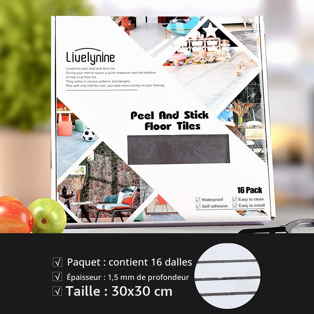 Livelynine Épais 16 Dalles Lino Sol 30x30CM Dalle PVC Adhesive Sol Gris Foncé Lame PVC Adhesive Salle de Bain Sols Adhesif Cuisine Carrelage Sols Autocollant Dalle Salon Revetement