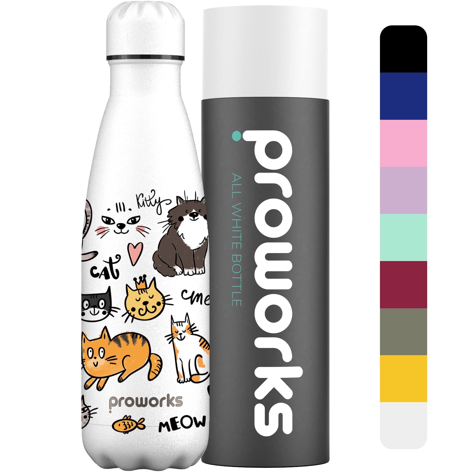 Cat Water Bottle 500ml – Proworks Stainless Steel Insulated Water Bottle | Leakproof Screw Lid | Double Wall Vacuum Flask Keeps Drinks Hot 12 Hours Cold 24 Hours | BPA Free | Cat Party