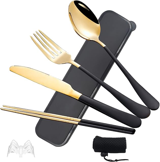 Stainless Steel Cutlery Set with Case, TWUTGAYW Portable Travel Lunch Utensils, Reusable Fork Spoon Knife Chopsticks Set for Office School Travel Camping Picnic Adults Daily Use (Black, Gold)