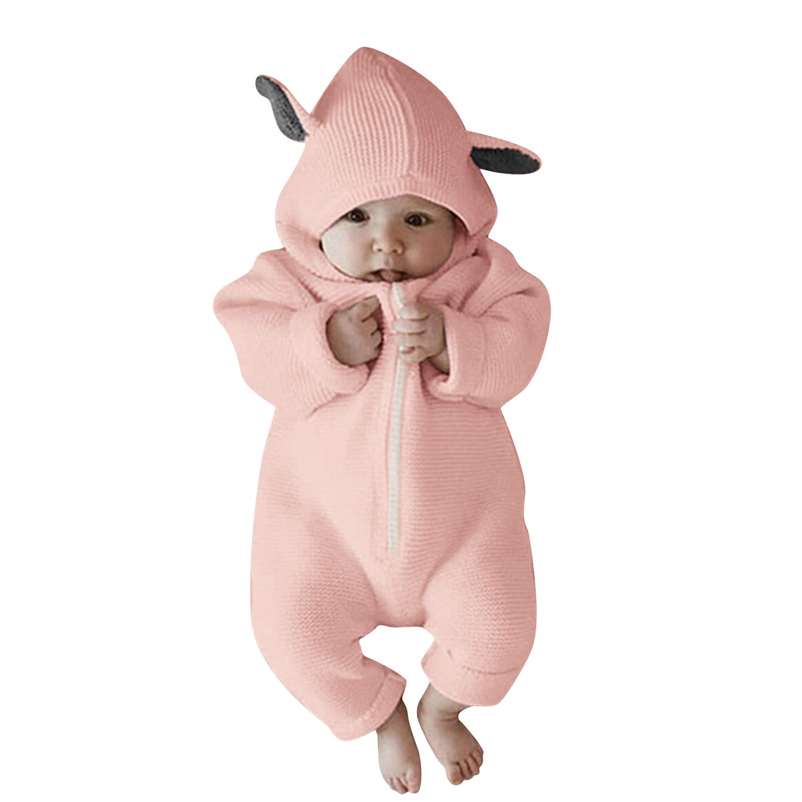 RNTOP Baby Girl Boy Sweater Romper Hooded Jumpsuit Outfit Infant Newborn Long Sleeve Sweaters (Pink, 12-18 Months)