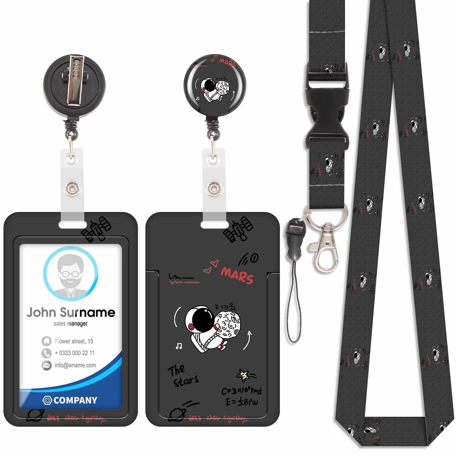 Badge Holder with Lanyard, ID Badge Holders with Detachable Cute Lanyard, Retractable Badge Reel Carabiner Clip, Personalized Card Cover Case Protector for Nurse Teacher Student (Astronaut-Black)