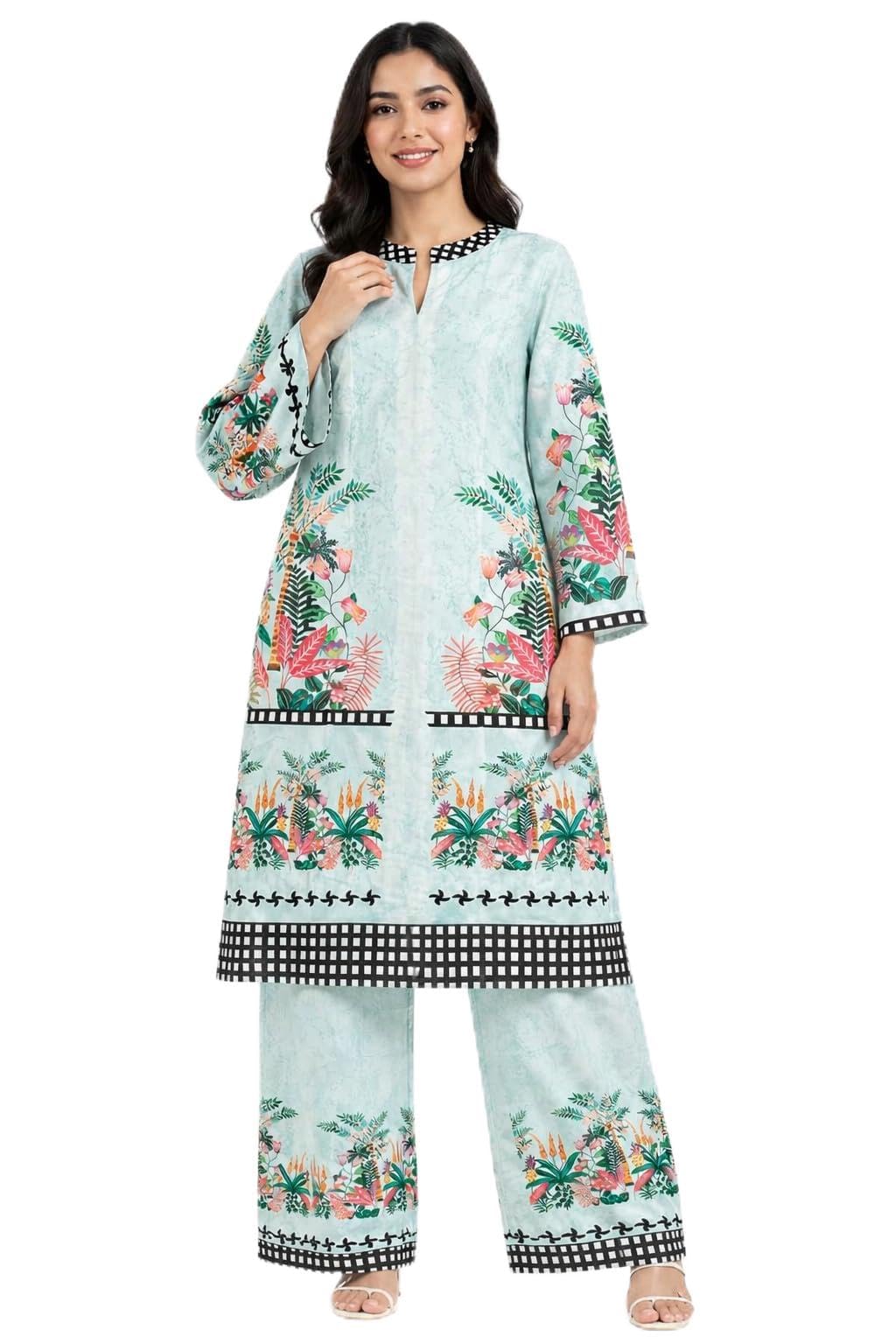 S.P. Collection's Floral Printed Kurta Pant Set, Cotton, Straight Fit, Notch Neckline, 3/4 Sleeves, Wide-Leg Palazzo, Festive and Casual Wear (IN, Alpha, L, Regular, Mint Green)-image-34