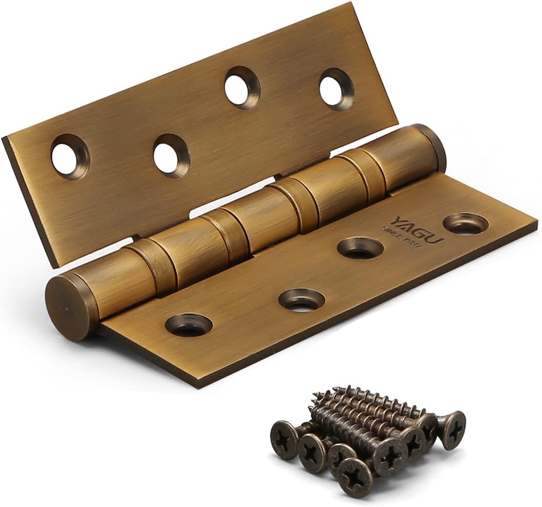 YAGU 3 Pack 4'' Door Hinges Antique Brass 4 x 3 Inch - Square Corners Stainless Steel Heavy Duty Ball Bearing Hinges for Interior Doors Hardware