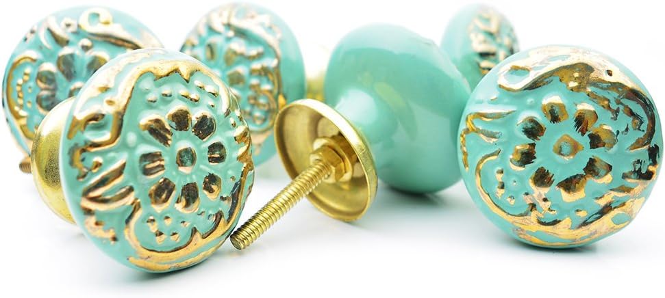 Pack of 6 Golden Canterbury Pattern Decorative Antique Door Knobs-Interior Knobs and Pulls for Cabinet/Girls Dresser/Kids Cupboard/Kitchen Drawer Handles with Hardware Attached