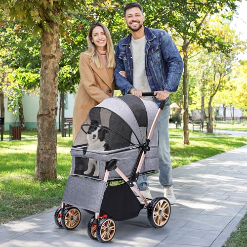 YITAHOME Hundebuggy Hundewagen klappbar für Hunde & Katzen, Haustierbuggy bis 22 kg mit umkehrbarem Griff, Netzfenstern, Getränkehalter, 360° drehbare EVA-Räder mit Bremsen (Grau)