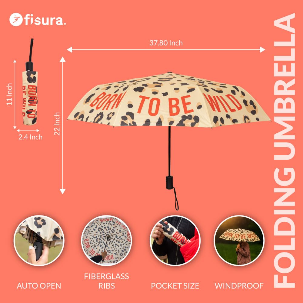 Fisura – Składany parasol damski "born to be wild” w zwierzęcy wzór, mały parasol damski automatyczny przeciwwiatrowy, kompaktowy rozmiar podróżny, średnica po otwarciu 96 cm