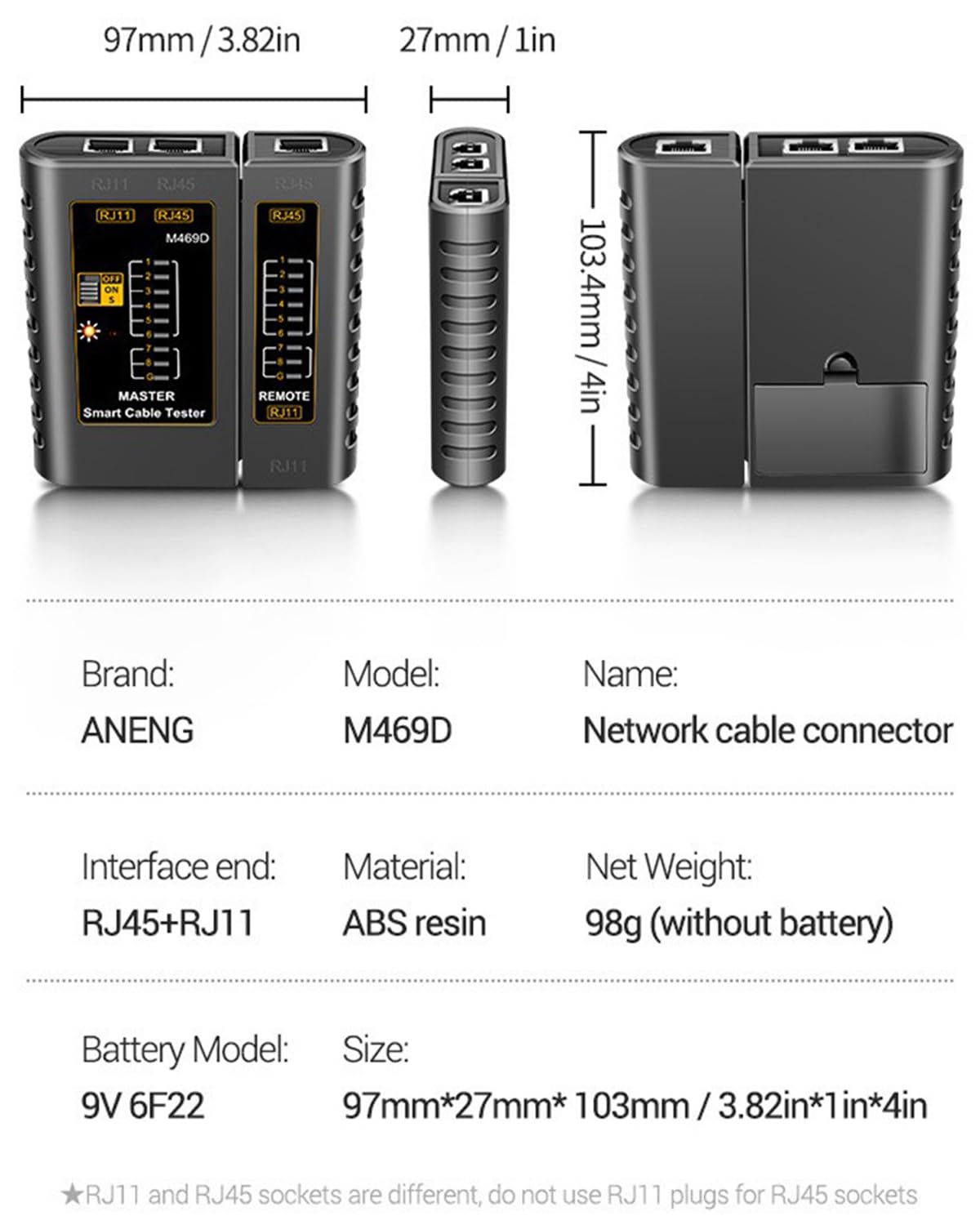 Tester di Rete - Tester Cavi LAN con RJ11, RJ12, RJ45 per Patch - LED di Prova per Test Precisi e Verifica di LAN e Cavo di Rete - Ideale per Test Cavi Patch e Linee, per Installatori e Ufficio