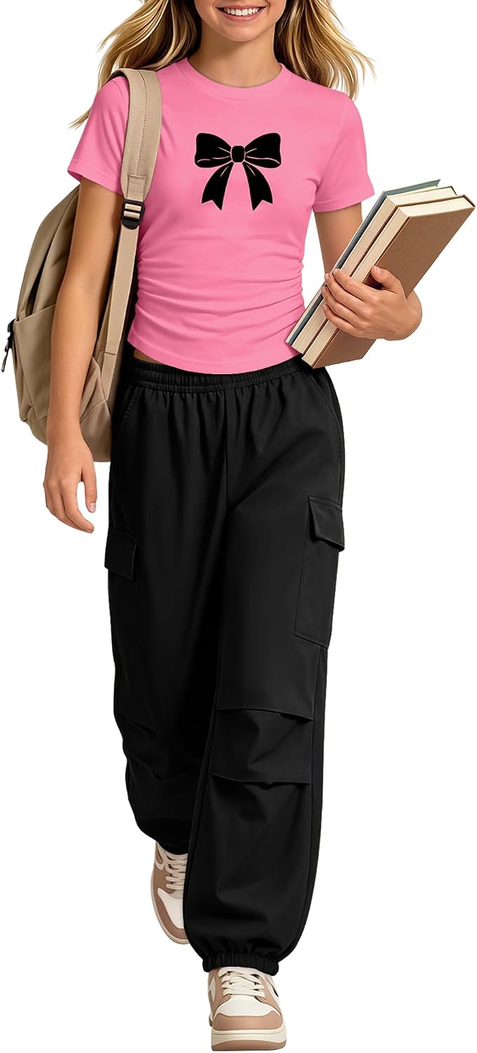Xaatren Tween Girl 2 Piece Outfits | Bow Shirts, Cargo Pants, Back to School Matching Sets, Cute Clothes, Teen 7-16y, Travel
