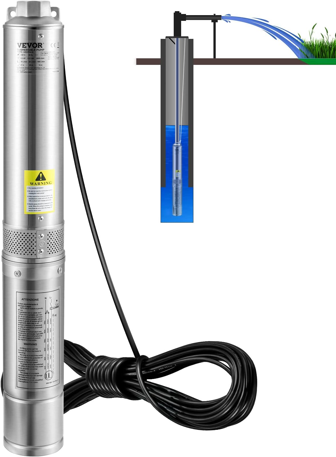 Deep Well Submersible Pump, 1HP/750W 230V/60Hz, 37GPM Flow 63M Head, 10M Power Cable, 4" Stainless Steel Water Pump for Industrial, Irrigation and Domestic Use, IP68 Waterproof Quality