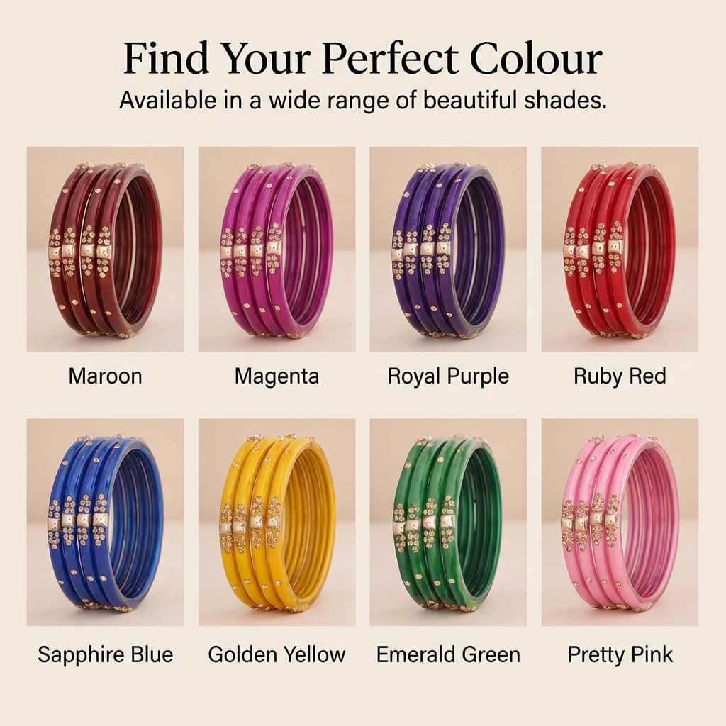 Glass with Zircon Gemstone & Beads Studded worked Glossy Finished Kada Set For Women and Girls | Set of 8