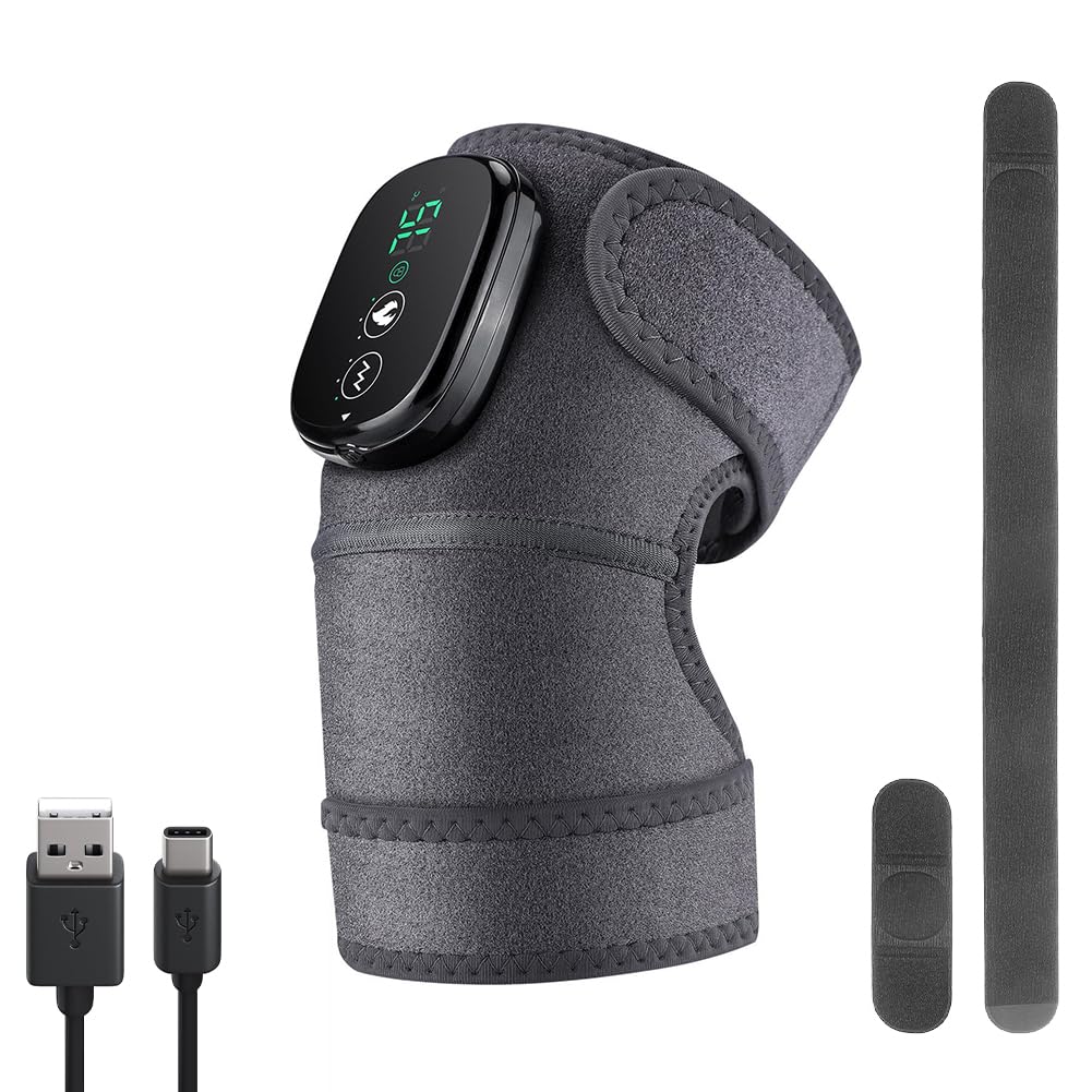 Joyzan Masseur de Genoux, Massage Genoux 3 in 1 Genouillère Chauffante Sans Fil Fonction de Vibrations Appareil Massage Pour Genou Épaule Coude Mollet 2 Ceinture D'extension Température à 3 Vitesses