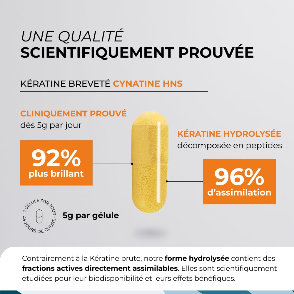 Kératine et Biotine - CUURE - Ingrédient Breveté Cynatine - 45 Jours - Pousse & Brillance des Cheveux - Vitamine B8 - Complément Alimentaire Cheveux, Ongles & Peau - Fabriqué en France