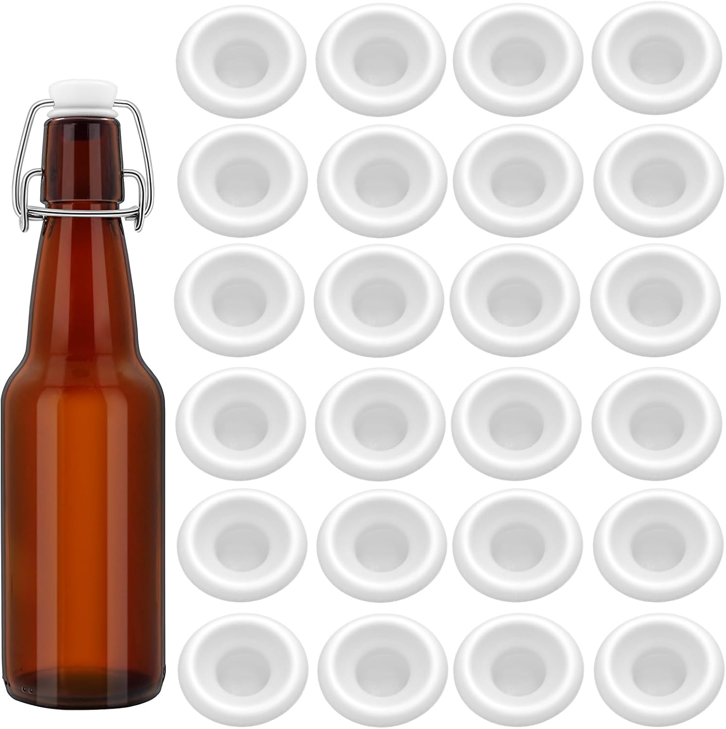 24 Pieces Silicone Bottle Cap Gaskets, Replacement Seals for Swing Top Bottles, Flexible & Durable, Reusable (White full cover)
