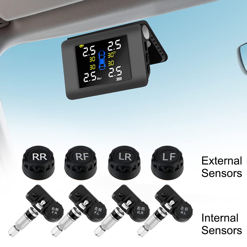 Tpms Système de surveillance de la pression des pneus de voiture Affichage de l'alimentation solaire avec 4 capteurs externes ou intégrés Capteur Pression Pneu (Color : Internal Sensors)
