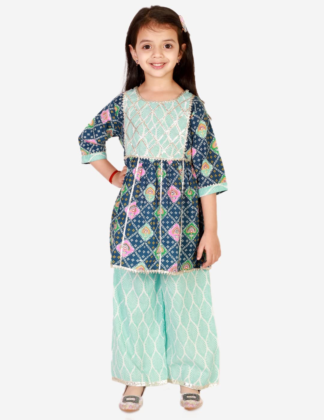 superminis Girls Cotton Printed Kurti with Gota Work and Straight Palazzo (6-7 Years, Blue) - Image 3 thumbnail