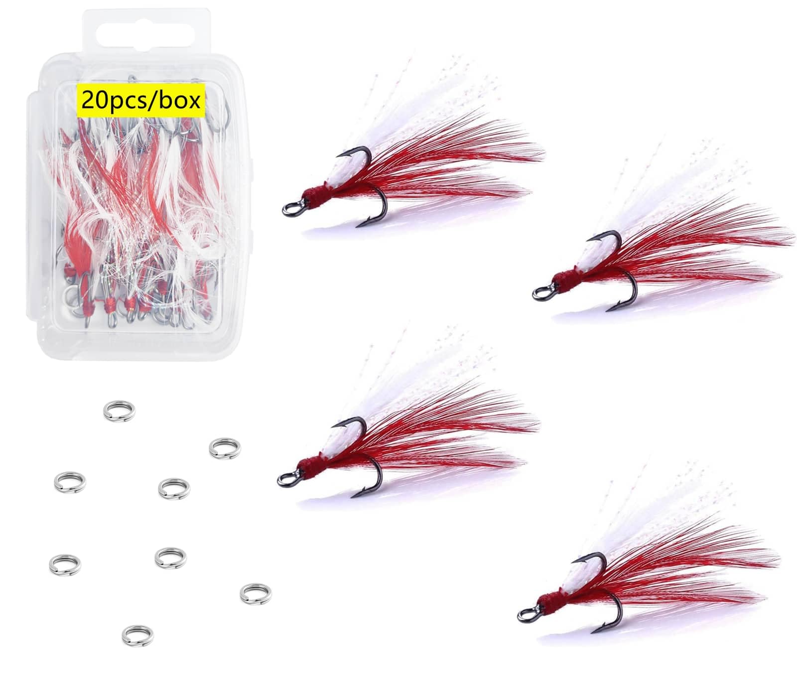 Fishing Treble Hooks Feather Dressed: 20pcs/Box Red Feathered Treble Hook Size 2 with Split Rings Replacement for Fishing Lure Spinner Spoon Crankbait Making