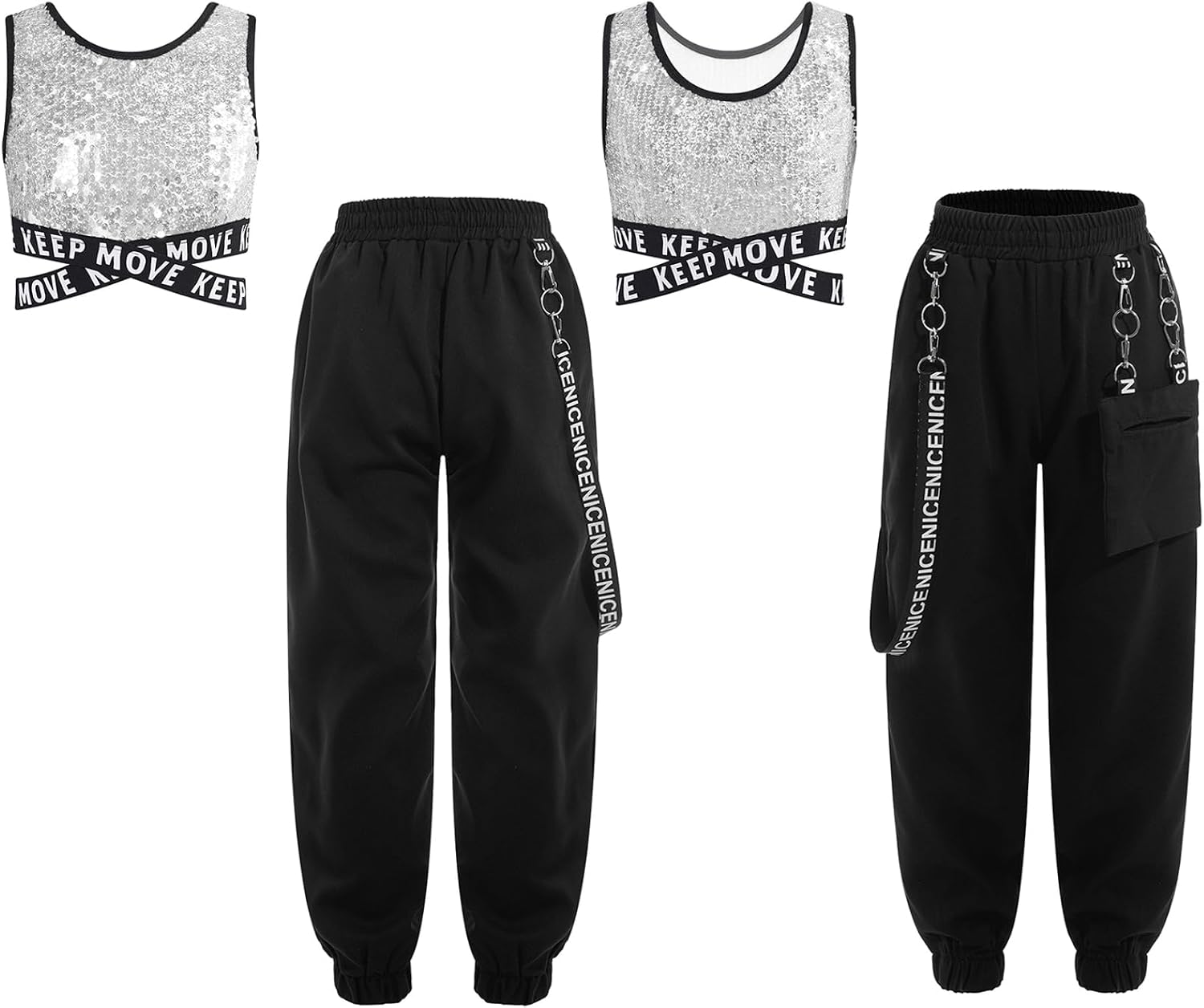 Linjinx Kids Girls Hip Hop Dance Outfits Shiny Sleeveless Gymnastics Sports Crop Tops with Jogger Cargo Pants Set
