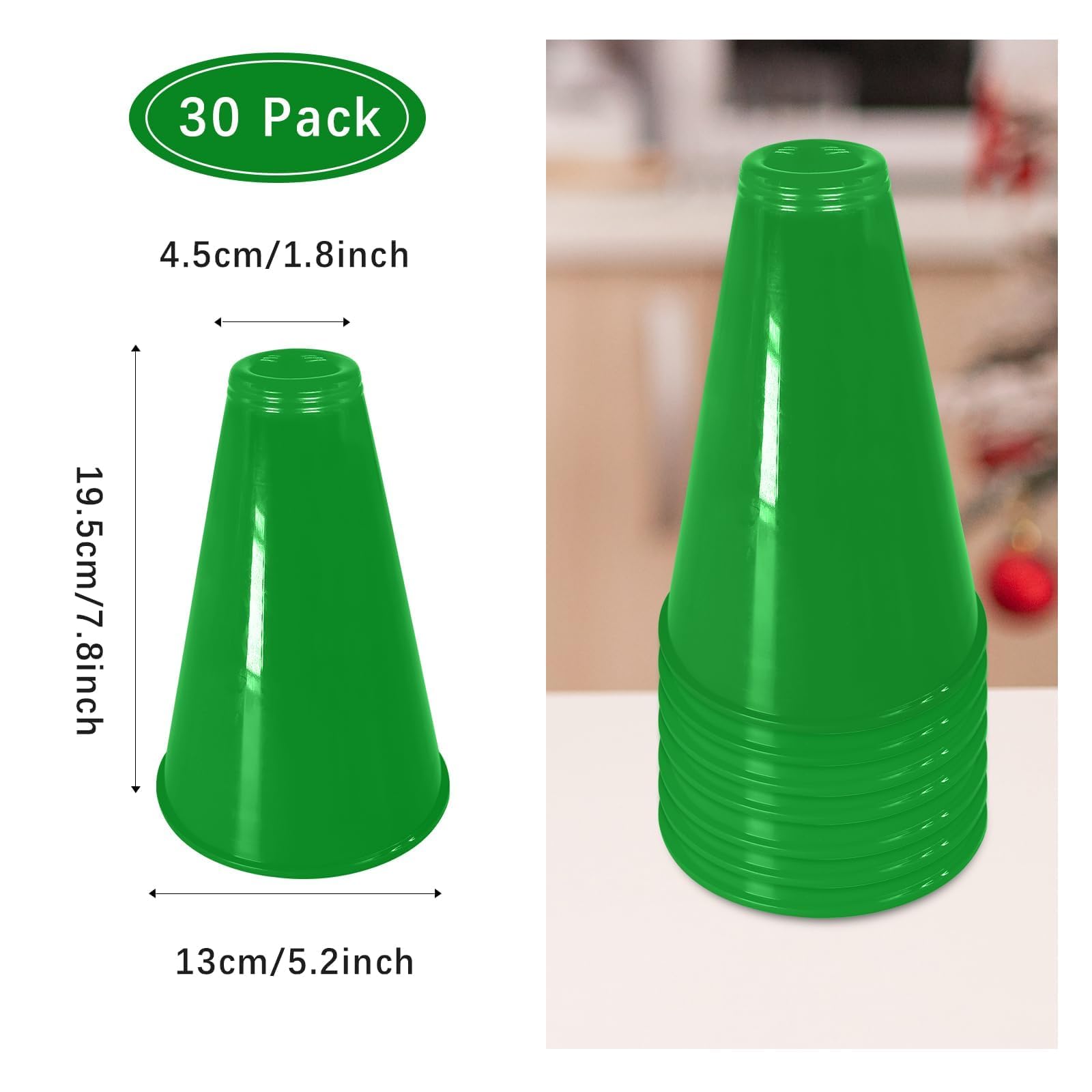 Lot de 30 mégaphones Cheer en plastique vert pour fête - Accessoire de fête pour l'école, les activités de plein air, les fêtes, le sport, les matchs (30, vert)
