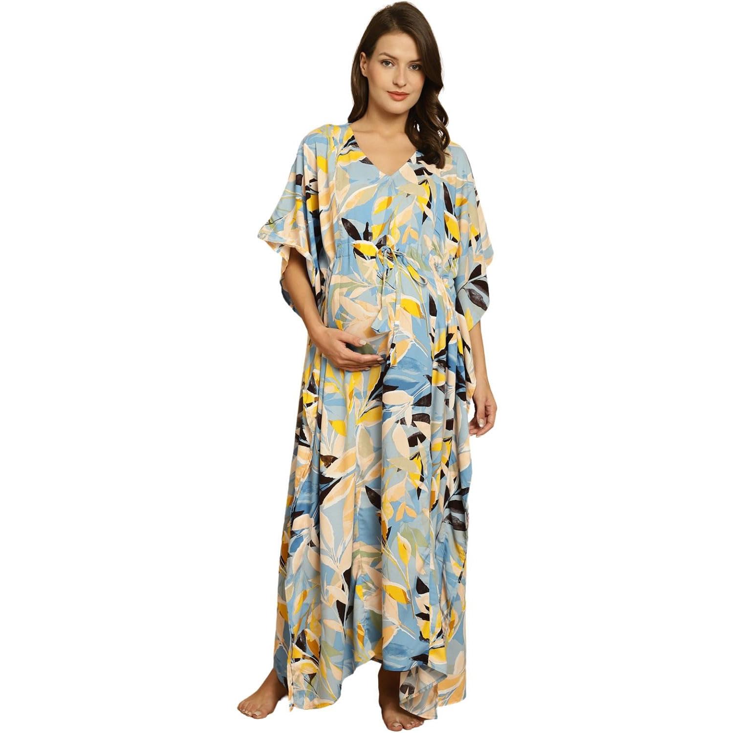 Women Sky Blue Floral Rayon Maxi Maternity Kaftan/Free Size/Feeding/Nursing/Zipper/Drawstring