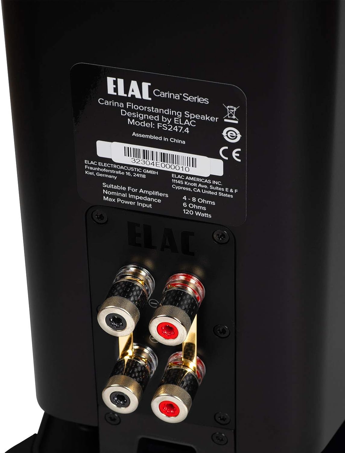 Close-up of the rear binding posts of the ELAC Carina FS247.4-SB speaker.