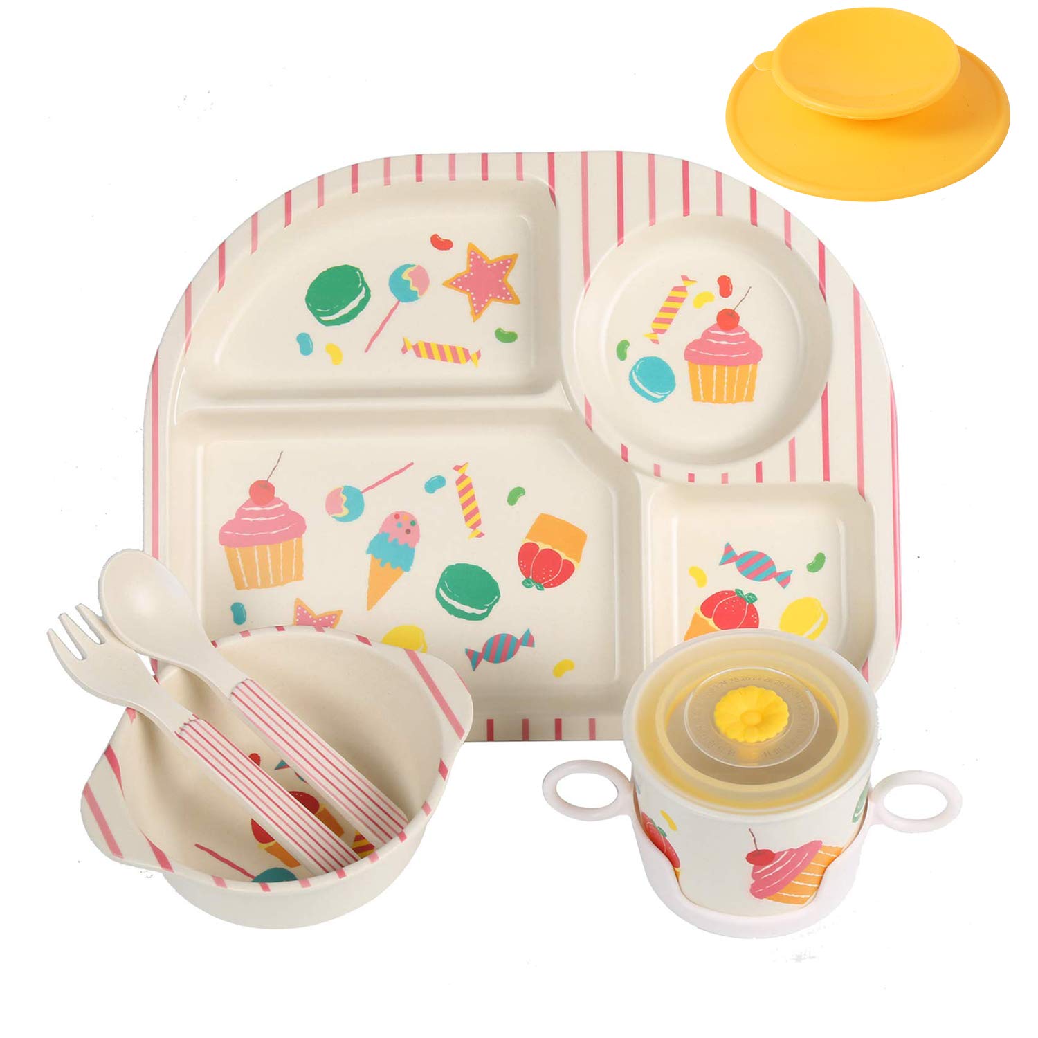 shopwithgreen 7Pcs/Set Bamboo Kids Dinnerware Set - Children Dishes - Food Plate Bowl Cup Spoon Fork Set Dishware, Cartoon Tableware, Dishwasher Safe