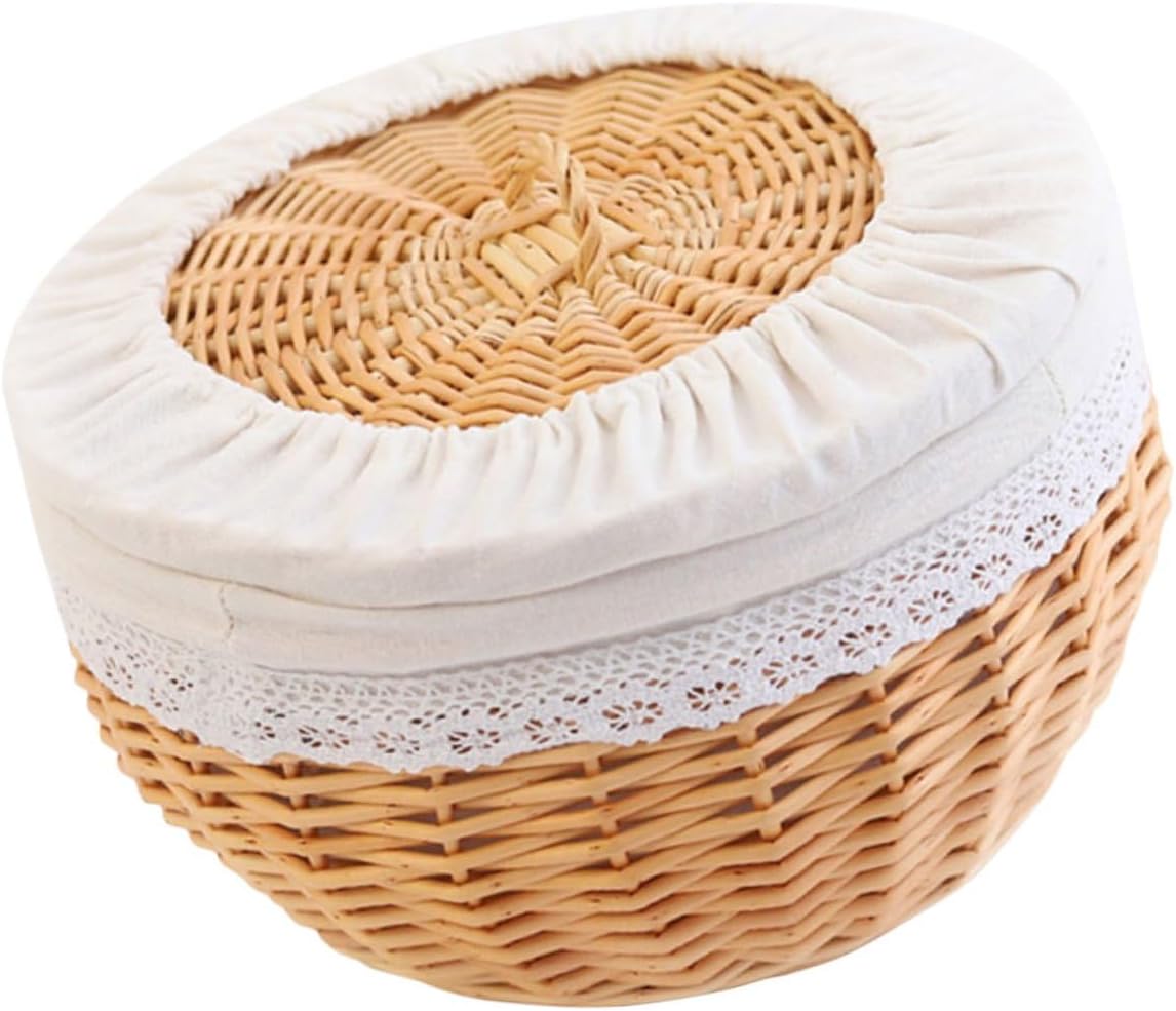 Housoutil Woven Food Storage Basket with White Lining, Small Rattan Bread and Snack Organizer, 30cm Diameter Kitchen Sundries and Fruit Holder for Dining Table Use