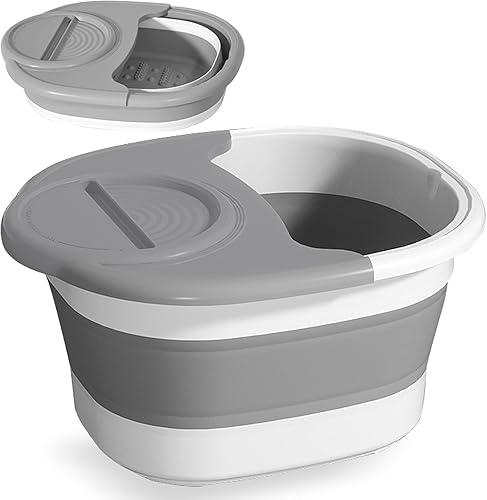 Huntoshon Cuenca de baño plegable para pies, portátil, cubo de spa plegable para remojar los pies con tapa y masaje para el hogar, alivia los